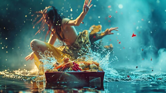 a man and a woman in a boat in a body of water, submerged temple dance scene, by Mike Winkelmann, submerged temple ritual scene, closeup fantasy with water magic, miss aniela, organic 8k artistic phot