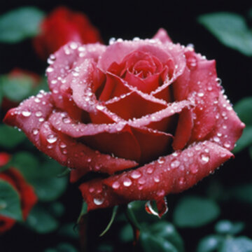 The dew falls on the red rose petals all over. Looks sparkling and bright Gives a refreshing feeling