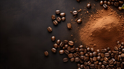 Roasted coffee beans different sort ground and whole close up background, generative ai
