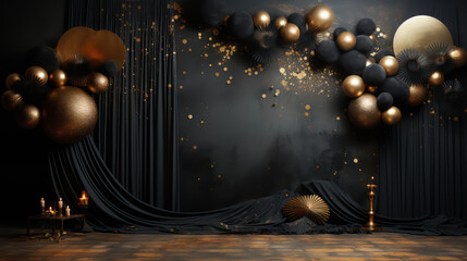 Luxurious backdrop room with balloons, arrangements and decor. Photo-wall decoration for celebrate, wedding, birthday, holiday party. Beautiful decorative celebration concept. Generative AI