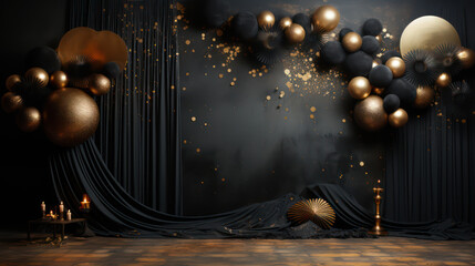 Obraz premium Luxurious backdrop room with balloons, arrangements and decor. Photo-wall decoration for celebrate, wedding, birthday, holiday party. Beautiful decorative celebration concept. Generative AI