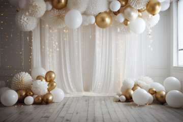 Backdrop curtain with balloons, arrangements and decor. Photo-wall decoration for celebrate, wedding, birthday, holiday party. Beautiful decorative luxurious celebration concept. Generative AI