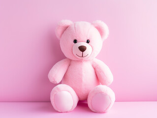 A pink teddy bear sitting against a pink wall. Valentine's day concept