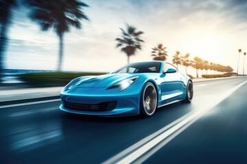 Luxury blue fast sport car on the road by the sea - obrazy, fototapety, plakaty