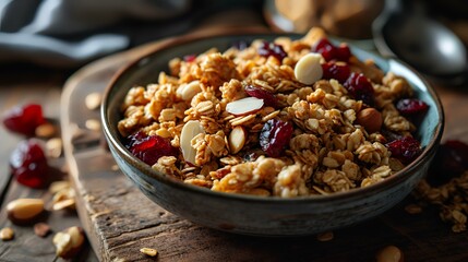 Homemade granola with nuts and dried cranberries in a bowl on a wooden background. - obrazy, fototapety, plakaty