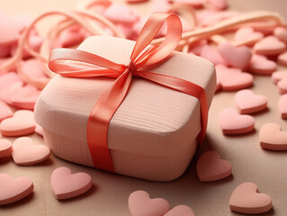 Valentine's Day gift, a box with a bow and hearts close-up. 14 February concept