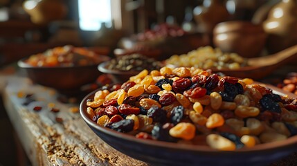 Mix dried fruits and nuts in a bowl on a wooden table, closeup