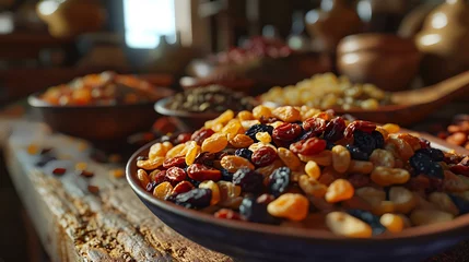 Fotobehang Mix dried fruits and nuts in a bowl on a wooden table, closeup © shameem