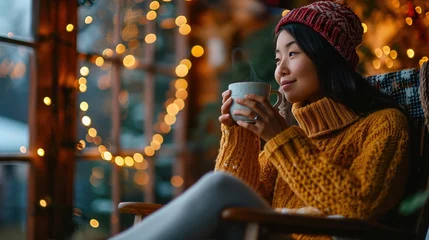 Foto op Plexiglas Happy asian woman relaxing drinking hot coffee or tea in holiday morning vacation on armchair at home, Cosy scene, Smiling pretty woman drinking hot tea in autumn winter © Jennifer