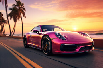 Luxury fast pink sport car on the road by the sea - obrazy, fototapety, plakaty