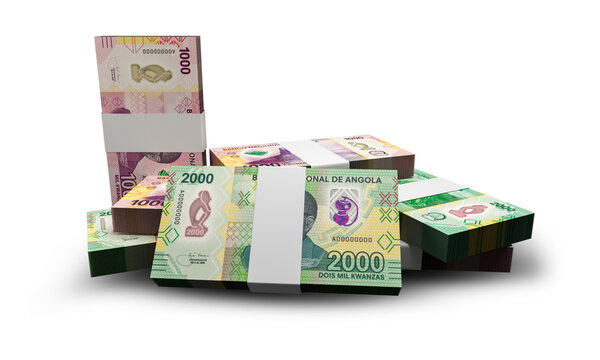 3D rendering of Stacks of Angolan Money 2000 Kwanzas Notes