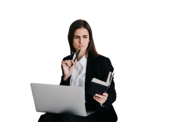 Pensive businesswoman looking away, touching her chin by pen, planning a day over transparent background.