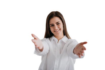 Welcoming woman in white shirt reaching out for a handshake, embrace against transparent background.