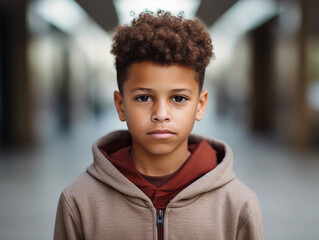 image of serious ethnic kid standing near wall while looking at camera against blurred background 