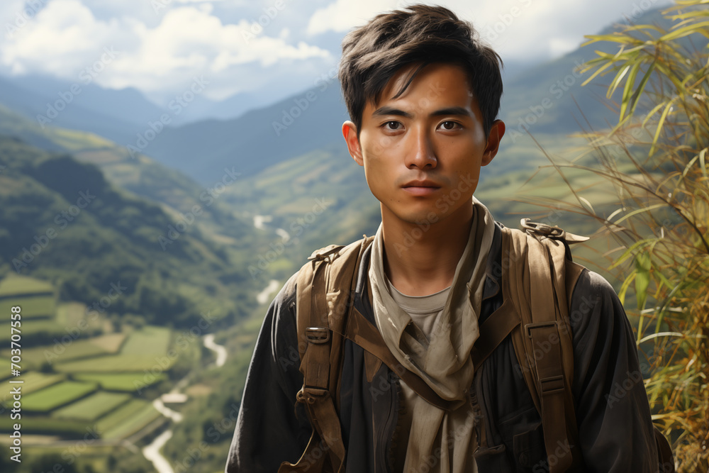 Sticker asian young man against the background of a valley with agricultural terraces