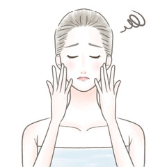 目を閉じて両手を顔に当て困るバスタオルを巻いた女性