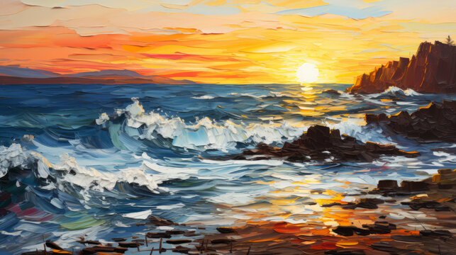 sunrise over the sea wave. Oil color painting.