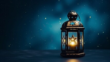 Arabic Lantern With Glowing Light Burning Candle on Night Sky Background on left, empty space on right, copy space - generative ai