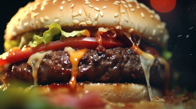 Extreme close-up of tasty hanburger. Food photography