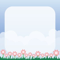 Cute kawaii meadow with clouds and flower cartoon background with framework