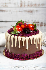 Birthday cake. Fruit cake on a white background