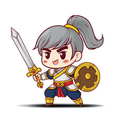 Cute Chinese Warrior Character., vector shibi cartoon.