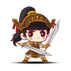 Cute Chinese Warrior Character., vector shibi cartoon.