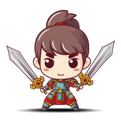 Cute Chinese Warrior Character., vector shibi cartoon.