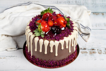 Birthday cake. Fruit cake on a white background