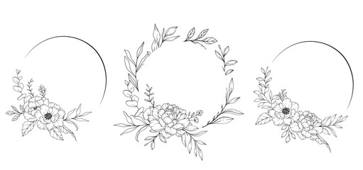 Peony Line Drawing. Black and white Floral Frames. Floral Line Art. Fine Line Peony illustration. Hand Drawn Outline flowers. Botanical Coloring Page. Wedding invitation flowers - obrazy, fototapety, plakaty