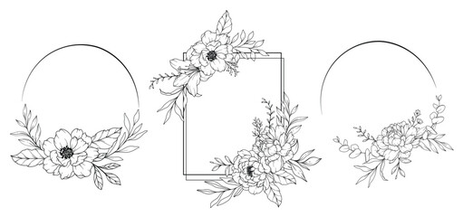 Peony Line Drawing. Black and white Floral Frames. Floral Line Art. Fine Line Peony illustration. Hand Drawn Outline flowers. Botanical Coloring Page. Wedding invitation flowers