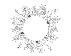 Peony Line Drawing. Black and white Floral Frames. Floral Line Art. Fine Line Peony illustration. Hand Drawn Outline flowers. Botanical Coloring Page. Wedding invitation flowers