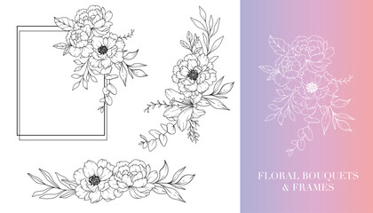 Obraz premium Peony Line Drawing. Floral Frames and Bouquets. Floral Line Art. Fine Line Peony Frames Hand Drawn Illustration. Hand Drawn Outline Magnolias. Botanical Coloring Page. Peony Isolated