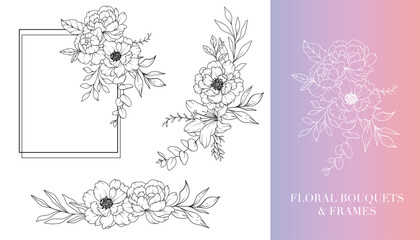 Peony Line Drawing. Floral Frames and Bouquets. Floral Line Art. Fine Line Peony Frames Hand Drawn Illustration. Hand Drawn Outline Magnolias. Botanical Coloring Page. Peony Isolated