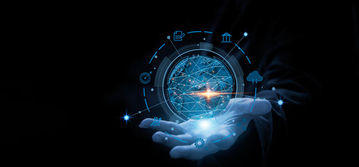 Human hand of virtual global internet connection Global Internet connection application technology of business and digital marketing Finance and Banking digital link technology big data