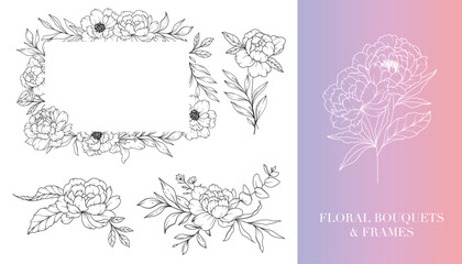 Peony Line Drawing. Floral Frames and Bouquets. Floral Line Art. Fine Line Peony Frames Hand Drawn Illustration. Hand Drawn Outline Magnolias. Botanical Coloring Page. Peony Isolated © Xenia