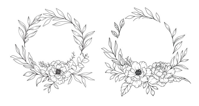 Peony Line Drawing. Black and white Floral Frames. Floral Line Art. Fine Line Peony illustration. Hand Drawn Outline flowers. Botanical Coloring Page. Wedding invitation flowers
