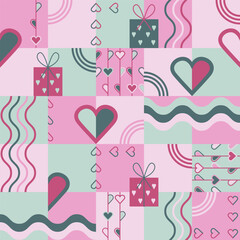 Colorful geometric vector seamless pattern with hearts and gifts. Template for wrapping paper, greeting cards, posters, invitation, wedding and Valentines cards.