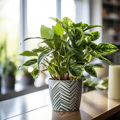 A beautiful houseplant in a stylish pot sits on a table near a window.