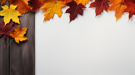 Naklejka na ściany i meble Autumn decoration border fall leaves isolated on background top view, generative ai