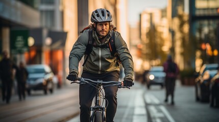 Cyclist riding a bike in the city - obrazy, fototapety, plakaty