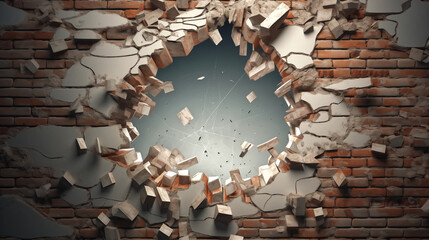 Hole on a broken brick wall blank space. 3d redering