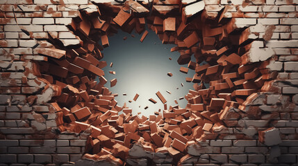 Hole on a broken brick wall blank space. 3d redering