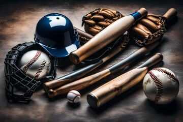 Baseball bat, ball, batting helmet and glove isolated on white - obrazy, fototapety, plakaty