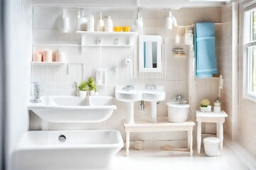 Fototapeta na wymiar white dollhouse. Bathroom toy interior in miniature. Small cute plastic sink with towel