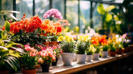 Interior of a greenhouse with colorful flowers.