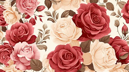 Beautiful roses background illustration. White, pink, and red flowers pattern.