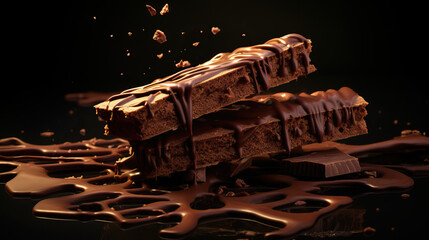 chocolate filled in a crispy wafer roll, Chocolate waffle sticks with chocolate splash 3d rendering...
