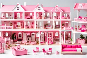 House of dolls with furniture isolated on white background. Furnished pink doll house isolated. Dollhouse. House construction with kitchen bedroom bathroom and pool interior beautiful view,