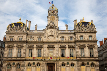 Fototapeta na wymiar Lyon city hall building entrance facade on Place des Terreaux in town center